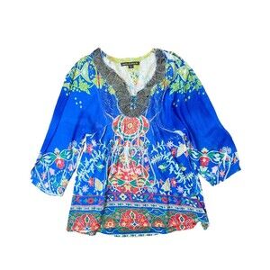 Mushka by Sienna Rose Top Women M Hippie Boho Beaded Lace Artsy Tunic Semi Sheer